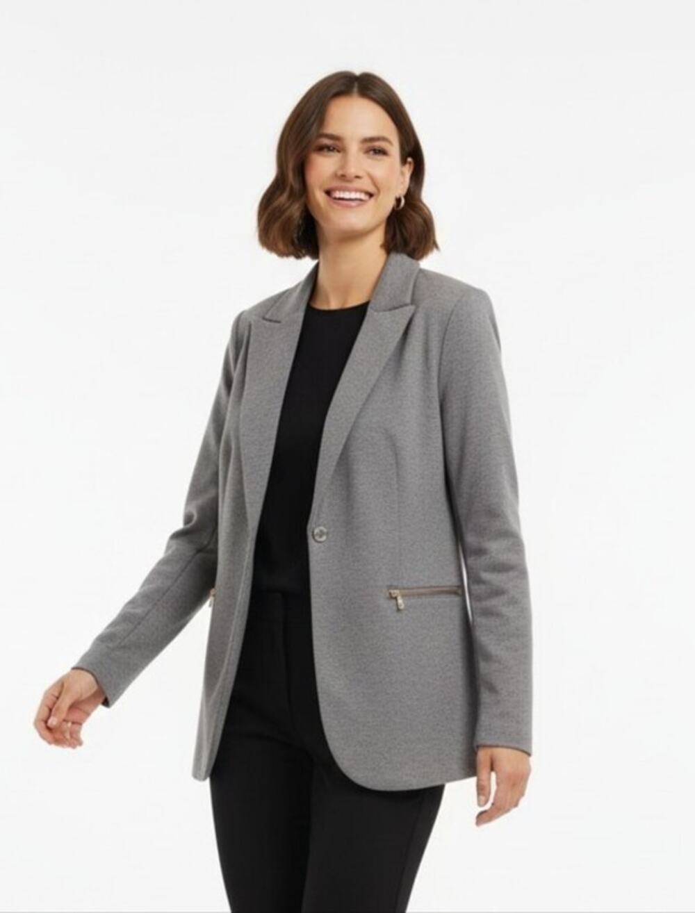 DG2 Diane Gilman Jacket Blazer Women’s‎ Size L Gray Pockets Gold Zippers Career